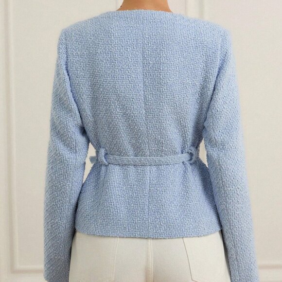 Blue Elegant Women's Cinched Waist Tweed Jacket - Picture 2 of 6